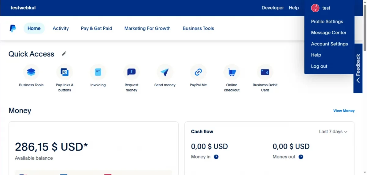 PayPal Business dashboard — panel de cuenta integrado por Paysint