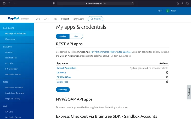 PayPal Developer Portal — REST API apps & credentials